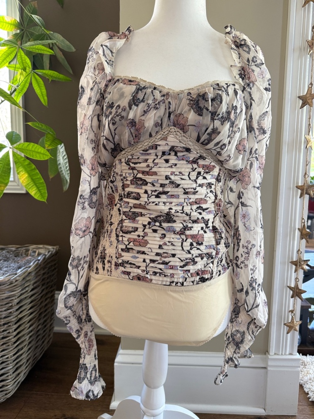 Free People Cream Floral Sheer Ruched Bodysuit